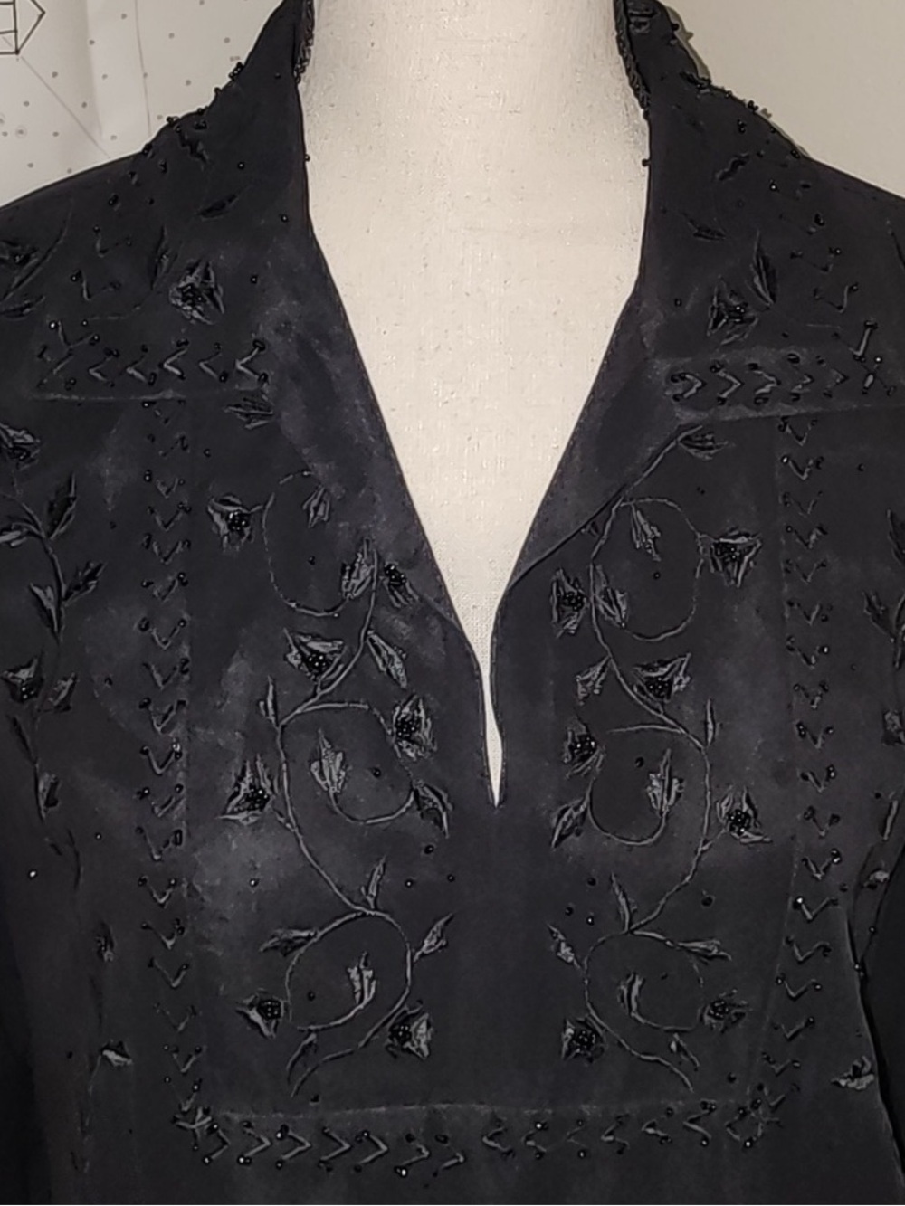 Vintage Sag Harbour Black Silk Beaded Embroidered Blouse SZ 16